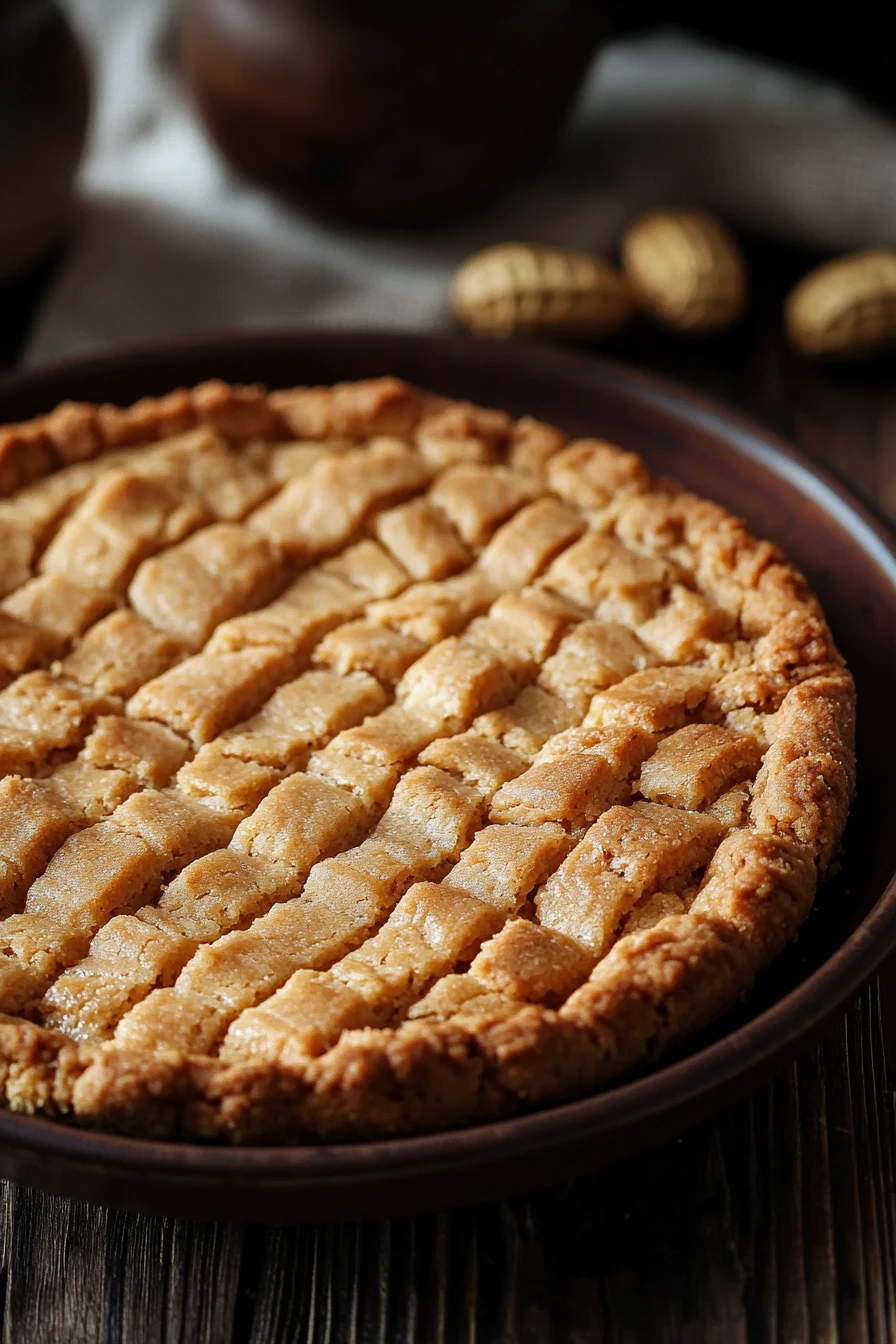 Close-up of a peanut butter cookie crust with a golden brown texture