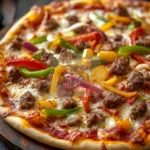 Close-up of pioneer woman sausage and peppers quarter sheet pan pizza with vibrant toppings.