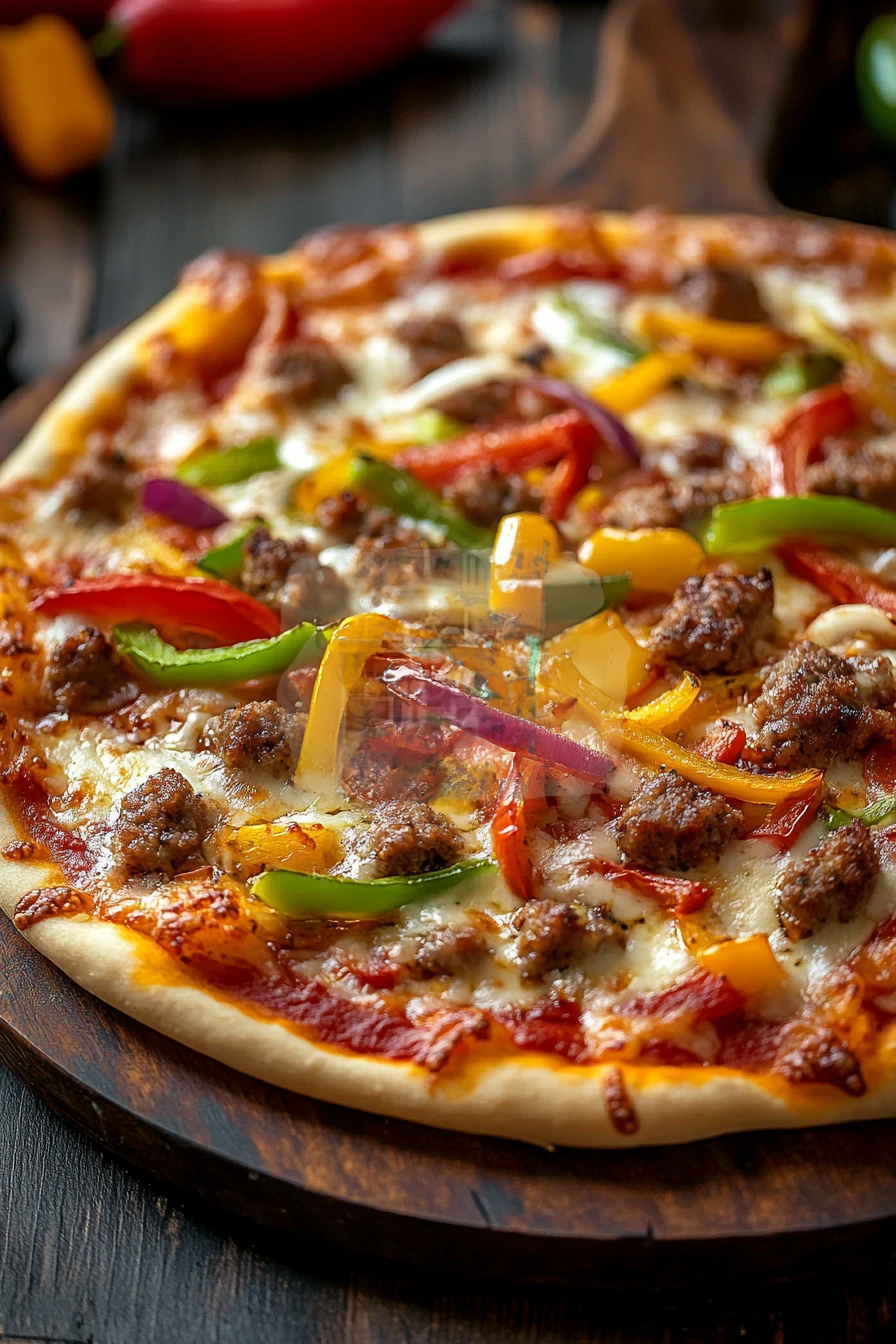 Close-up of pioneer woman sausage and peppers quarter sheet pan pizza with vibrant toppings.