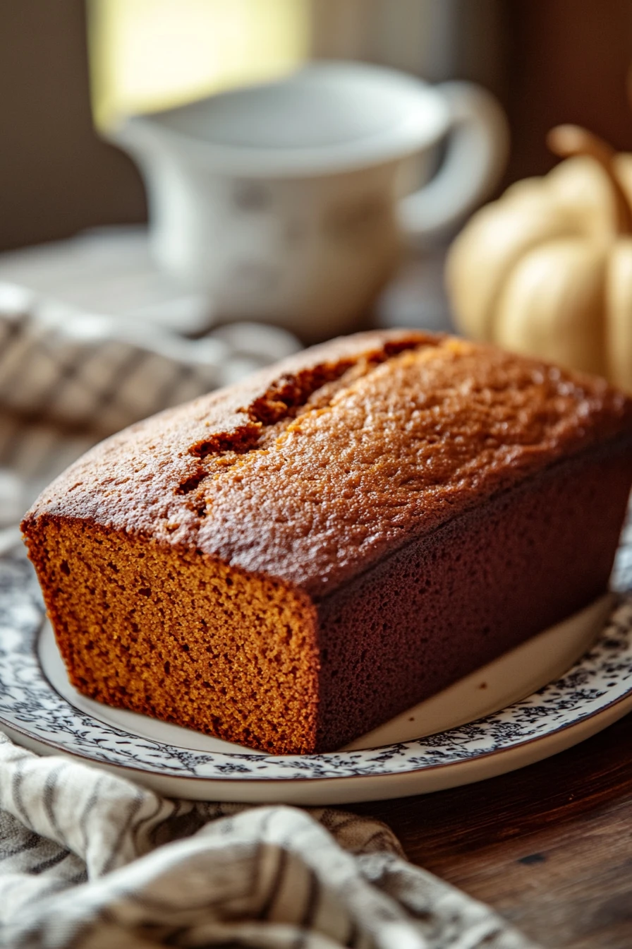Close-up of pumpkin bread made with cake mix, showcasing its moist texture and golden crust.
