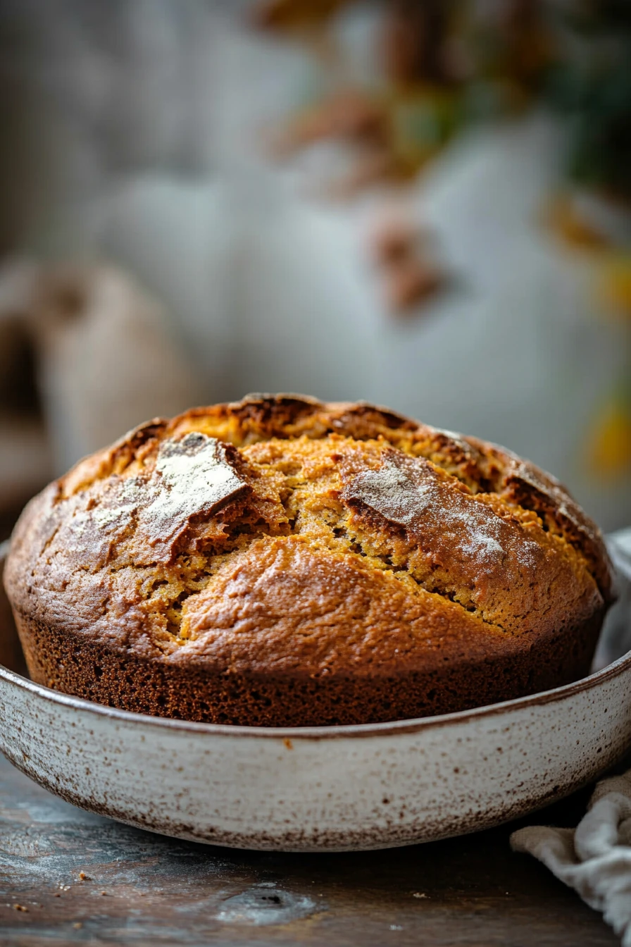Close-up of pumpkin bread in a dutch oven with a golden crust.