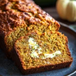 Close-up of pumpkin cream cheese zucchini bread with a golden crust and creamy texture.