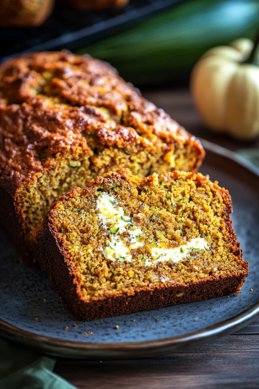 Close-up of pumpkin cream cheese zucchini bread with a golden crust and creamy texture.