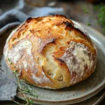 Close-up of rustic no knead bread with a golden crust on a wooden board