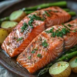 Close-up of a delicious salmon dinner with vibrant vegetables, perfect for a family meal.