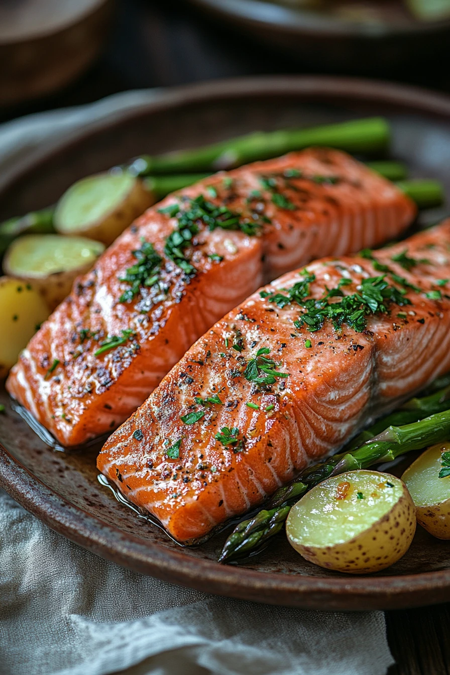 Close-up of a delicious salmon dinner with vibrant vegetables, perfect for a family meal.