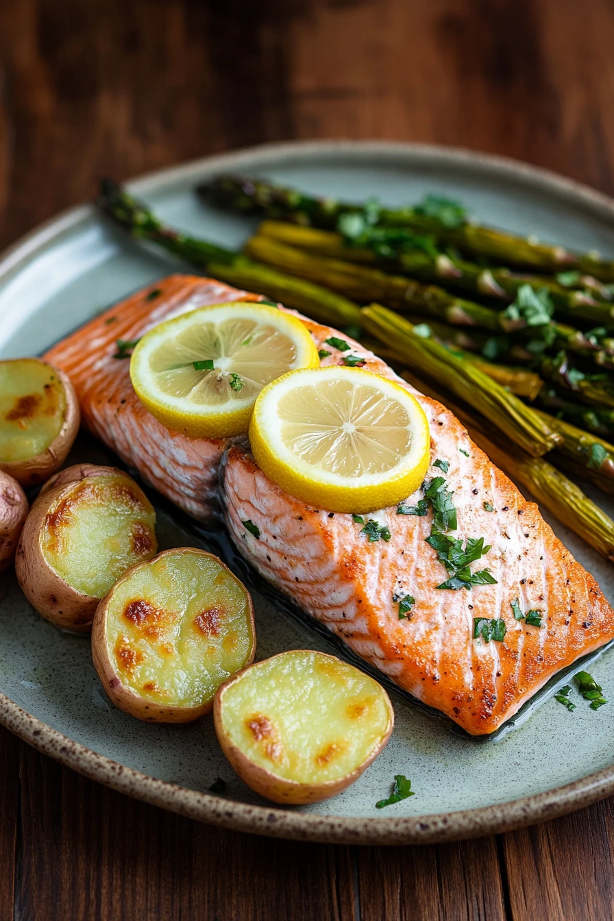 When You Need a Cozy Oven Baked Salmon Dinner for Two 2 Oven baked salmon dinner with lemon slices and herbs on a white plate