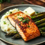 Close-up of a salmon dish with lemon slices and herbs on a white plate