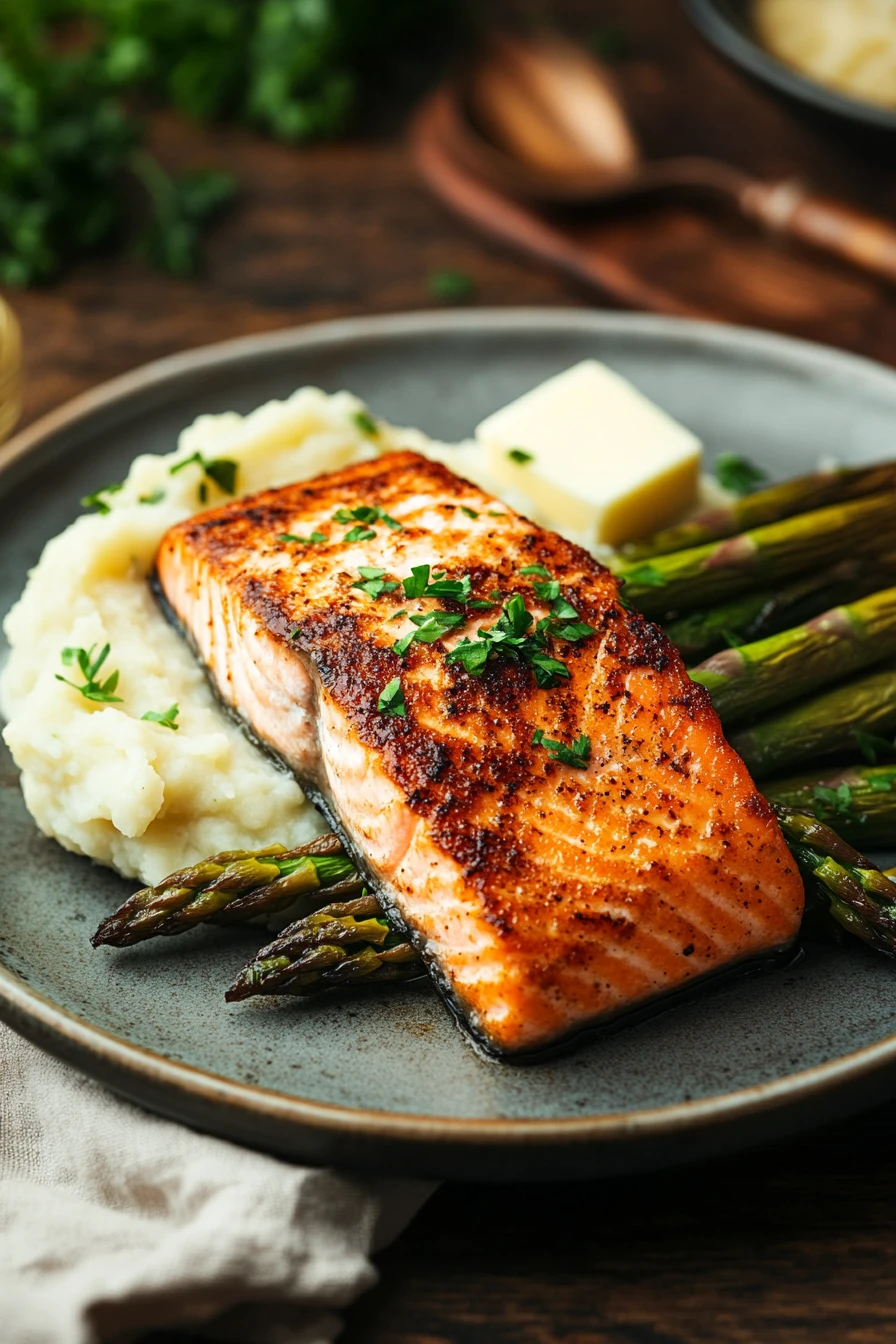 Close-up of a salmon dish with lemon slices and herbs on a white plate
