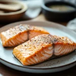 Close-up of perfectly cooked salmon on an air fryer with a clean background
