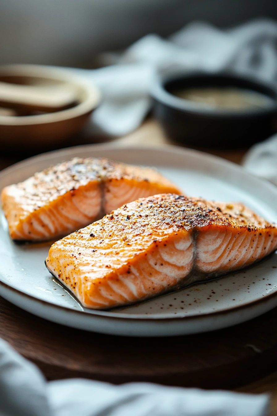 Close-up of perfectly cooked salmon on an air fryer with a clean background