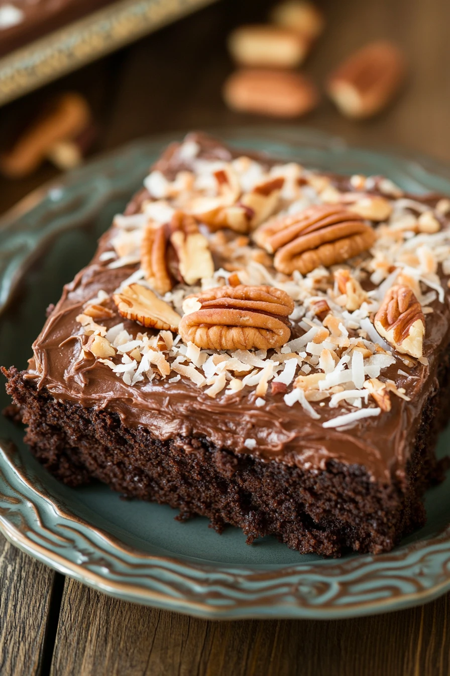 Close-up of a German chocolate sheet cake with rich chocolate and coconut topping.