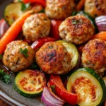 Close-up of sheet pan chicken meatballs and vegetables with bright lighting