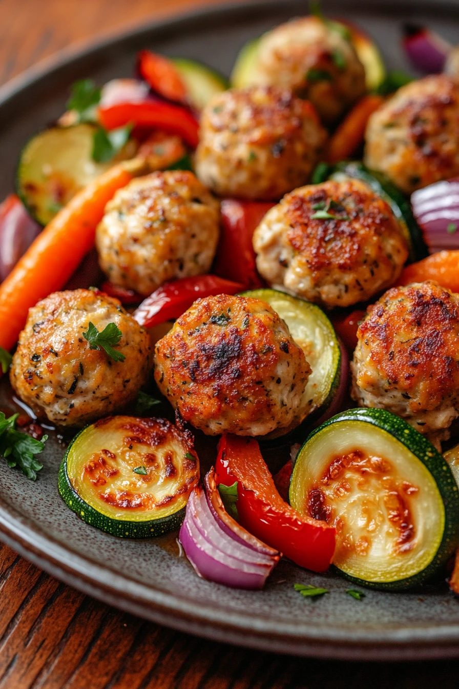 Close-up of sheet pan chicken meatballs and vegetables with bright lighting
