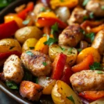 Close-up of a sheet pan chicken sausage dinner with roasted vegetables on a baking tray.