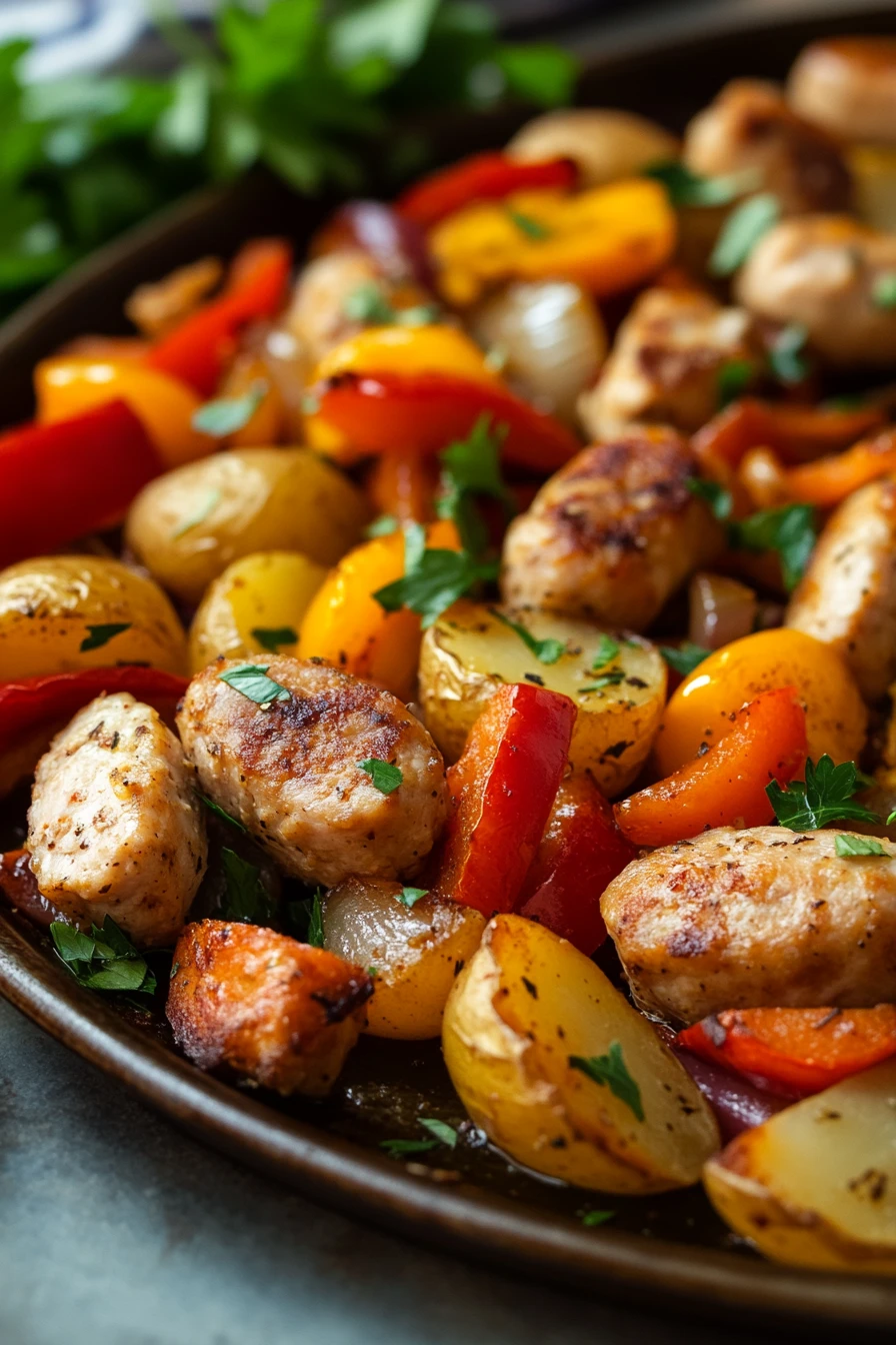 Close-up of a sheet pan chicken sausage dinner with roasted vegetables on a baking tray.