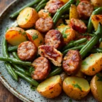 Sheet pan chicken sausage with green beans and potatoes in a bright, appetizing close-up.