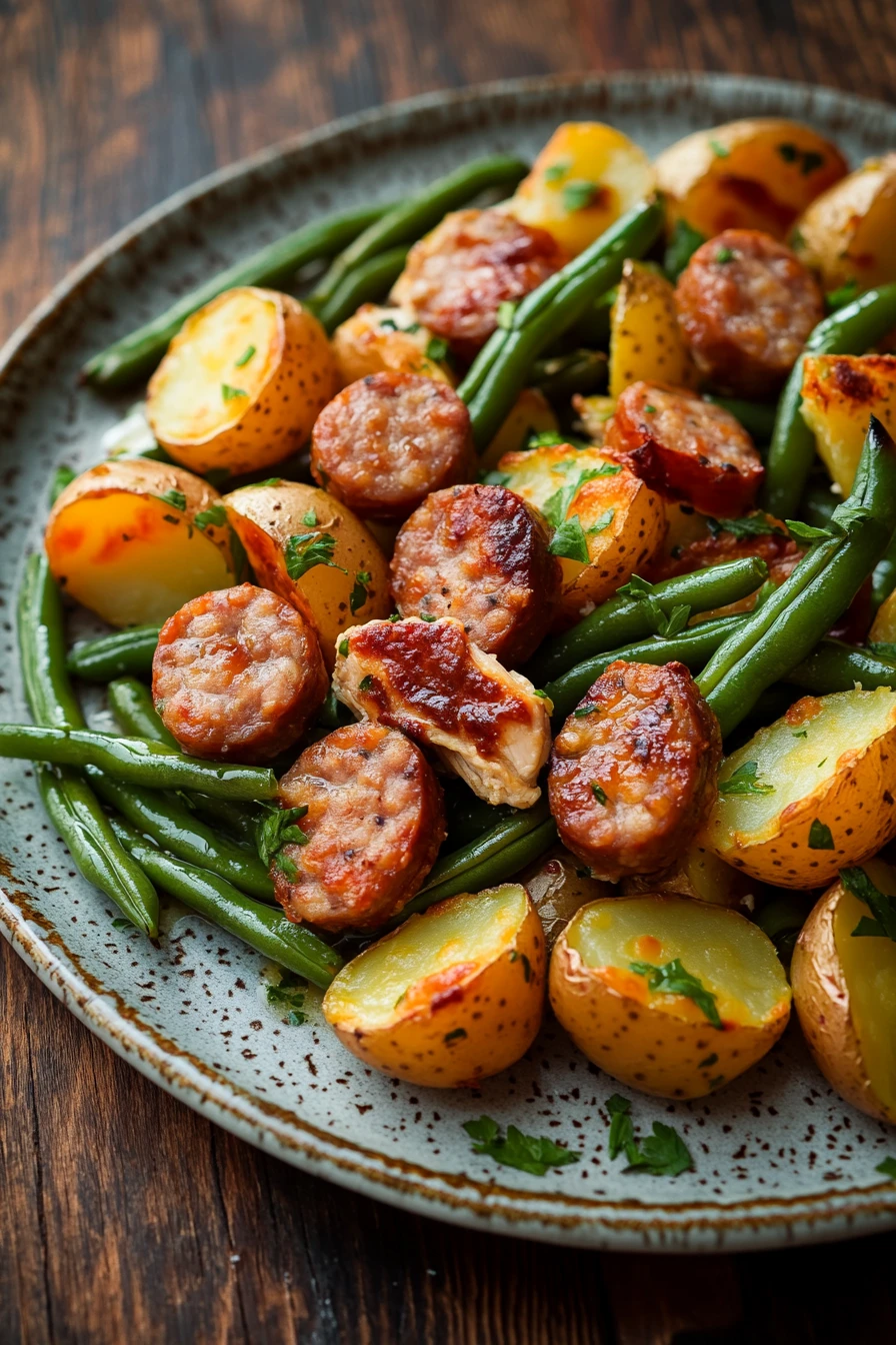 Sheet pan chicken sausage with green beans and potatoes in a bright, appetizing close-up.