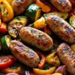 Sheet Pan Chicken Sausage Links and Veggies for a Cozy Weeknight Dinner 3 Close-up of sheet pan chicken sausage links and veggies with vibrant colors and textures