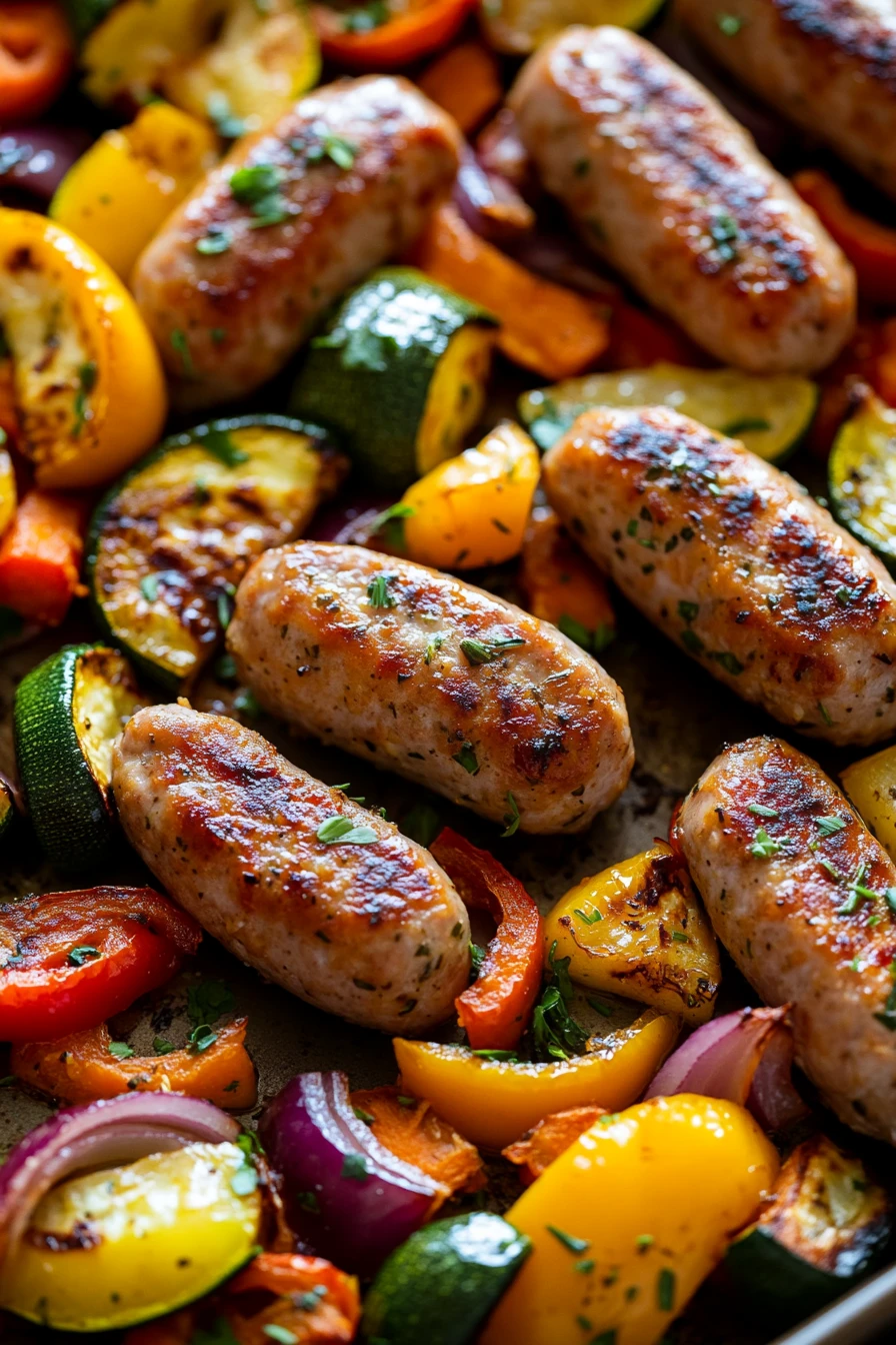 Sheet Pan Chicken Sausage Links and Veggies for a Cozy Weeknight Dinner 2 Close-up of sheet pan chicken sausage links and veggies with vibrant colors and textures