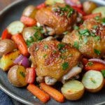 Sheet pan chicken thighs with roasted vegetables in a bright, appetizing close-up.