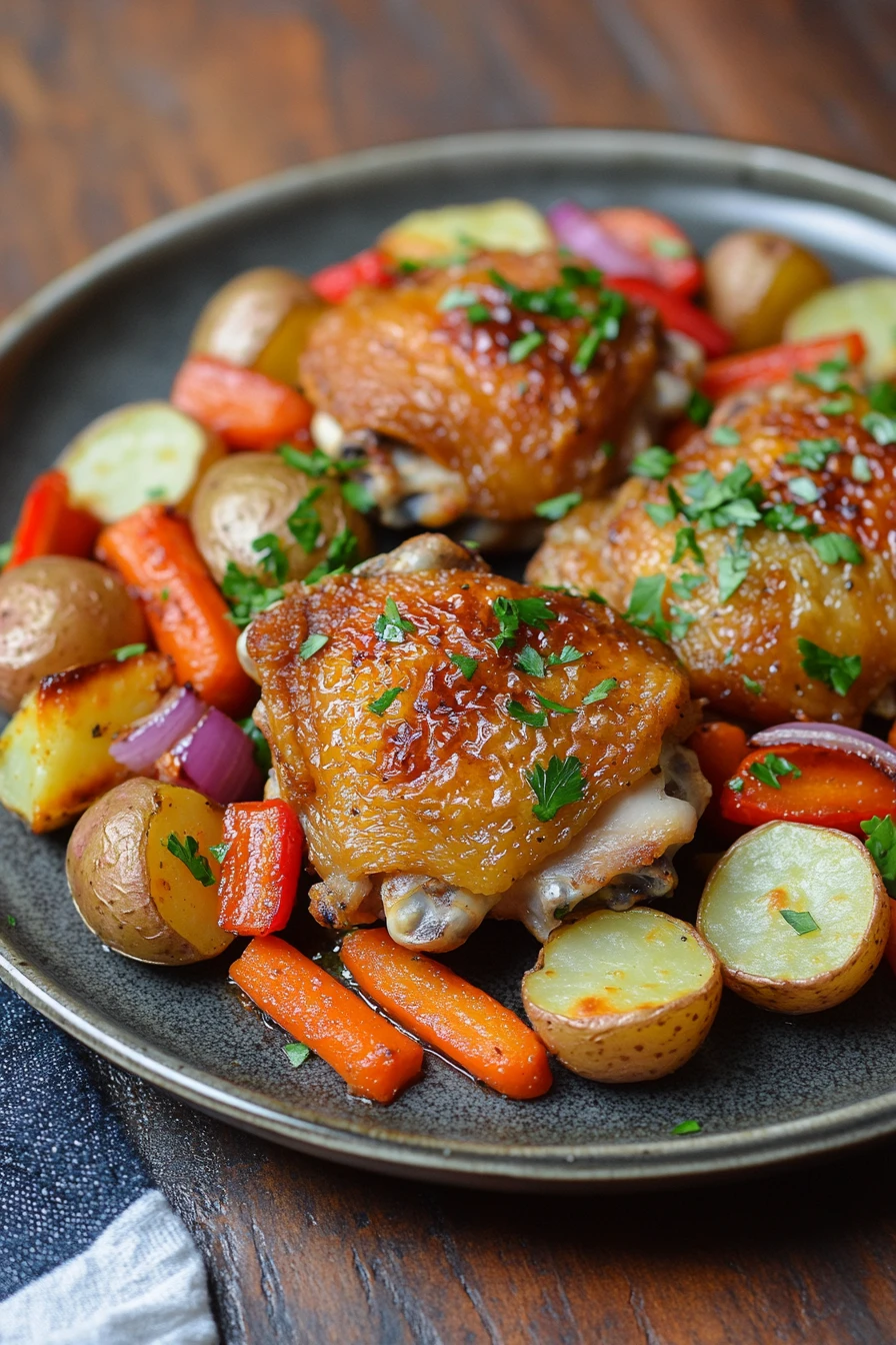 Sheet pan chicken thighs with roasted vegetables in a bright, appetizing close-up.