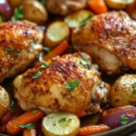 Close-up of a sheet pan dinner with chicken, roasted vegetables, and herbs on a baking tray.