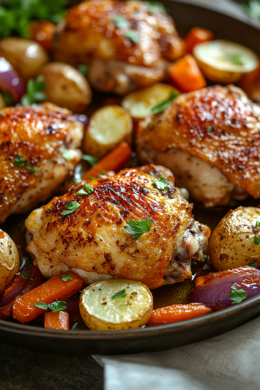 Close-up of a sheet pan dinner with chicken, roasted vegetables, and herbs on a baking tray.