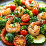Close-up of sheet pan garlic shrimp and veggies with bright colors and clean background