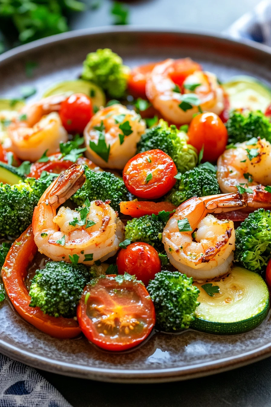 Close-up of sheet pan garlic shrimp and veggies with bright colors and clean background
