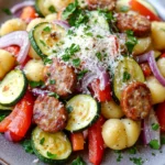 Sheet pan gnocchi with chicken sausage in a bright, appetizing close-up
