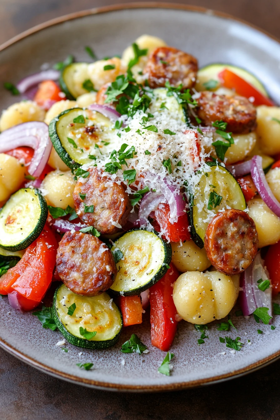Sheet pan gnocchi with chicken sausage in a bright, appetizing close-up