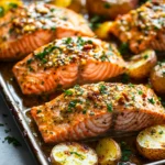 Sheet pan honey mustard salmon with caesar roasted potatoes, garnished with herbs