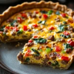Close-up of a sheet pan sausage quiche with golden crust and vibrant toppings.