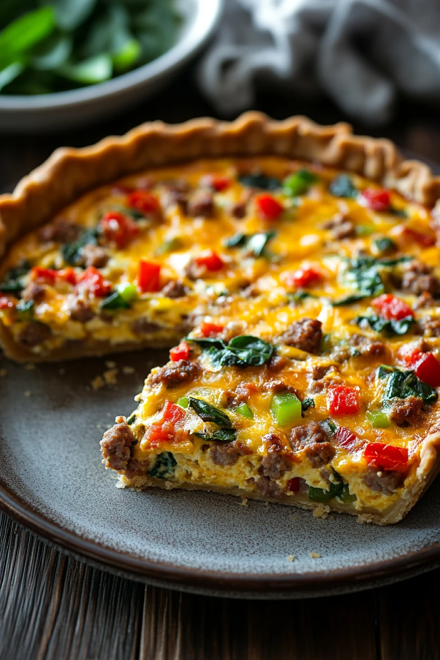 Close-up of a sheet pan sausage quiche with golden crust and vibrant toppings.