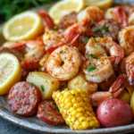 Close-up of a sheet pan shrimp boil with shrimp, corn, and potatoes