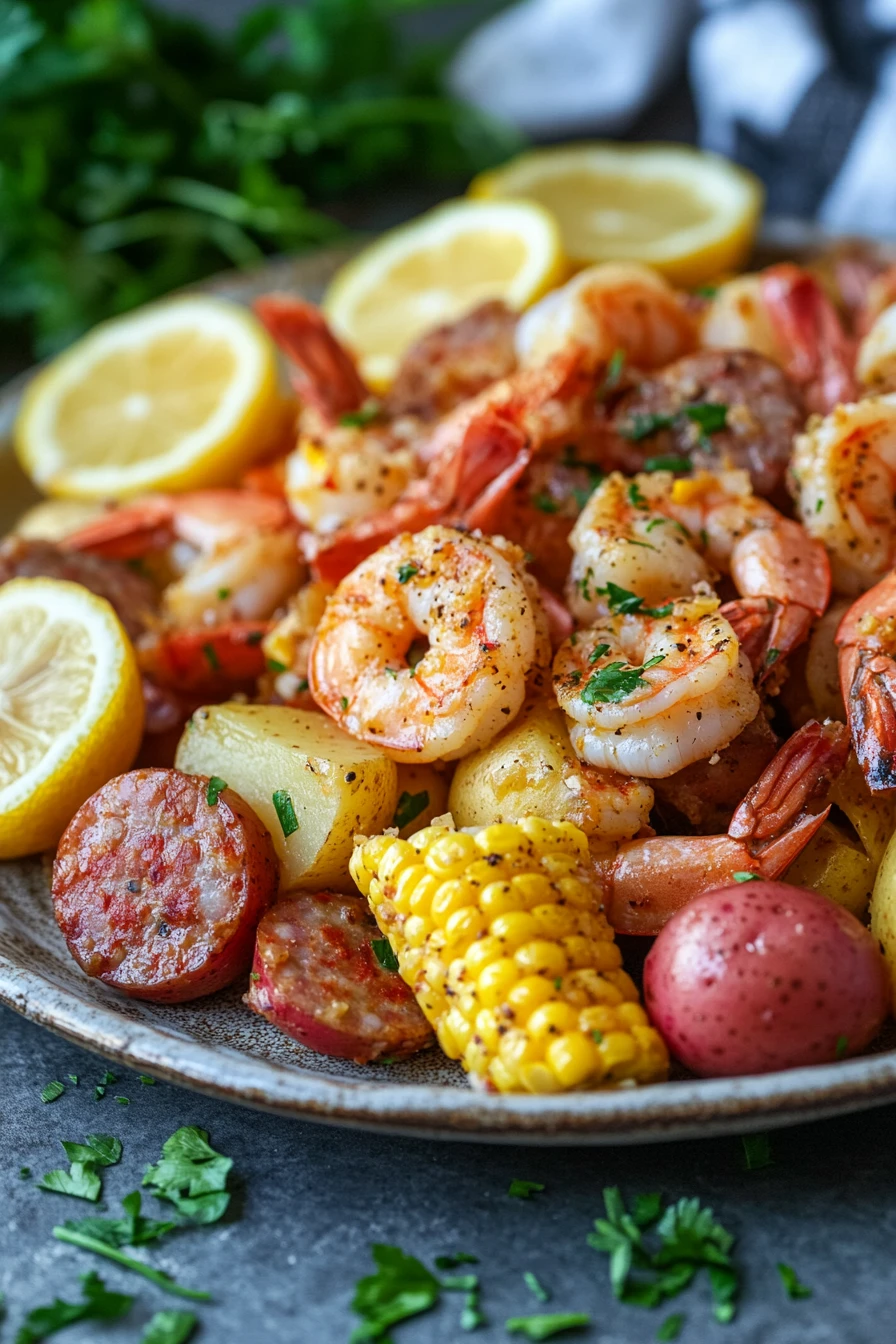 Close-up of a sheet pan shrimp boil with shrimp, corn, and potatoes