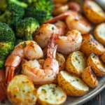 Close-up of sheet pan shrimp, broccoli, and potatoes with bright natural lighting