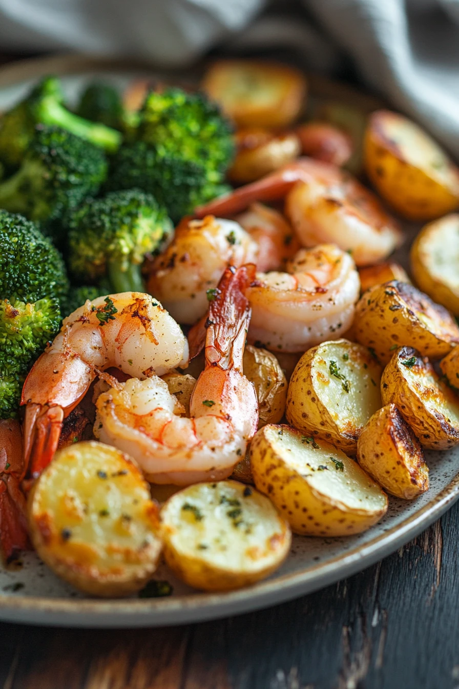 Close-up of sheet pan shrimp, broccoli, and potatoes with bright natural lighting
