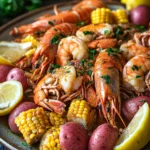 Close-up of a sheet pan shrimp crab boil with vibrant seafood and corn