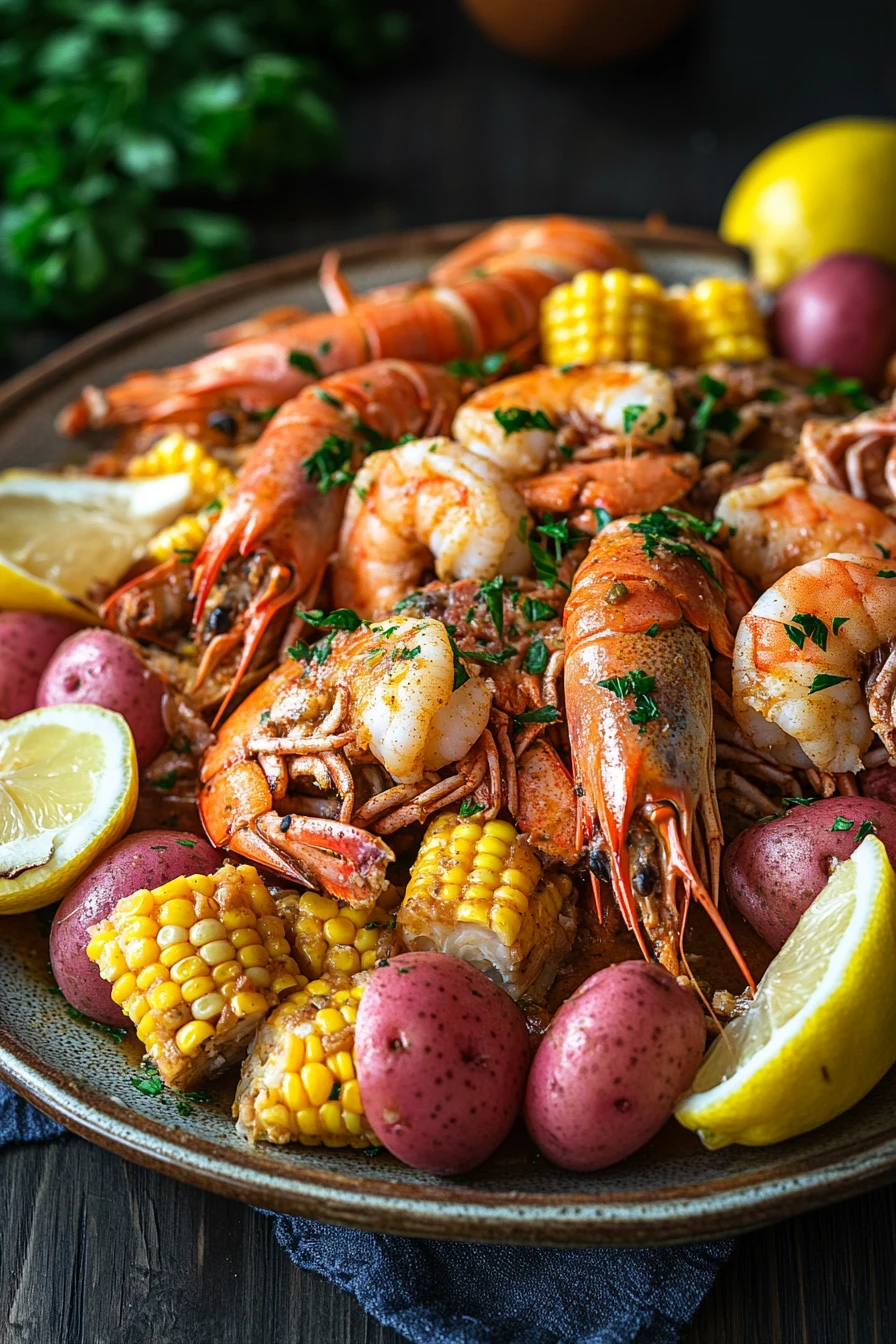 Close-up of a sheet pan shrimp crab boil with vibrant seafood and corn