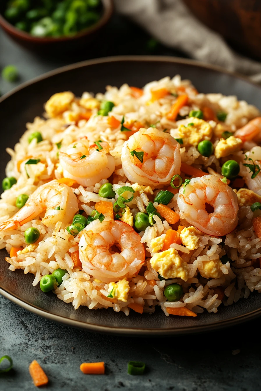 Close-up of sheet pan shrimp fried rice with vibrant vegetables and shrimp.