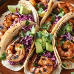 Close-up of sheet pan shrimp tacos with fresh toppings and lime wedges