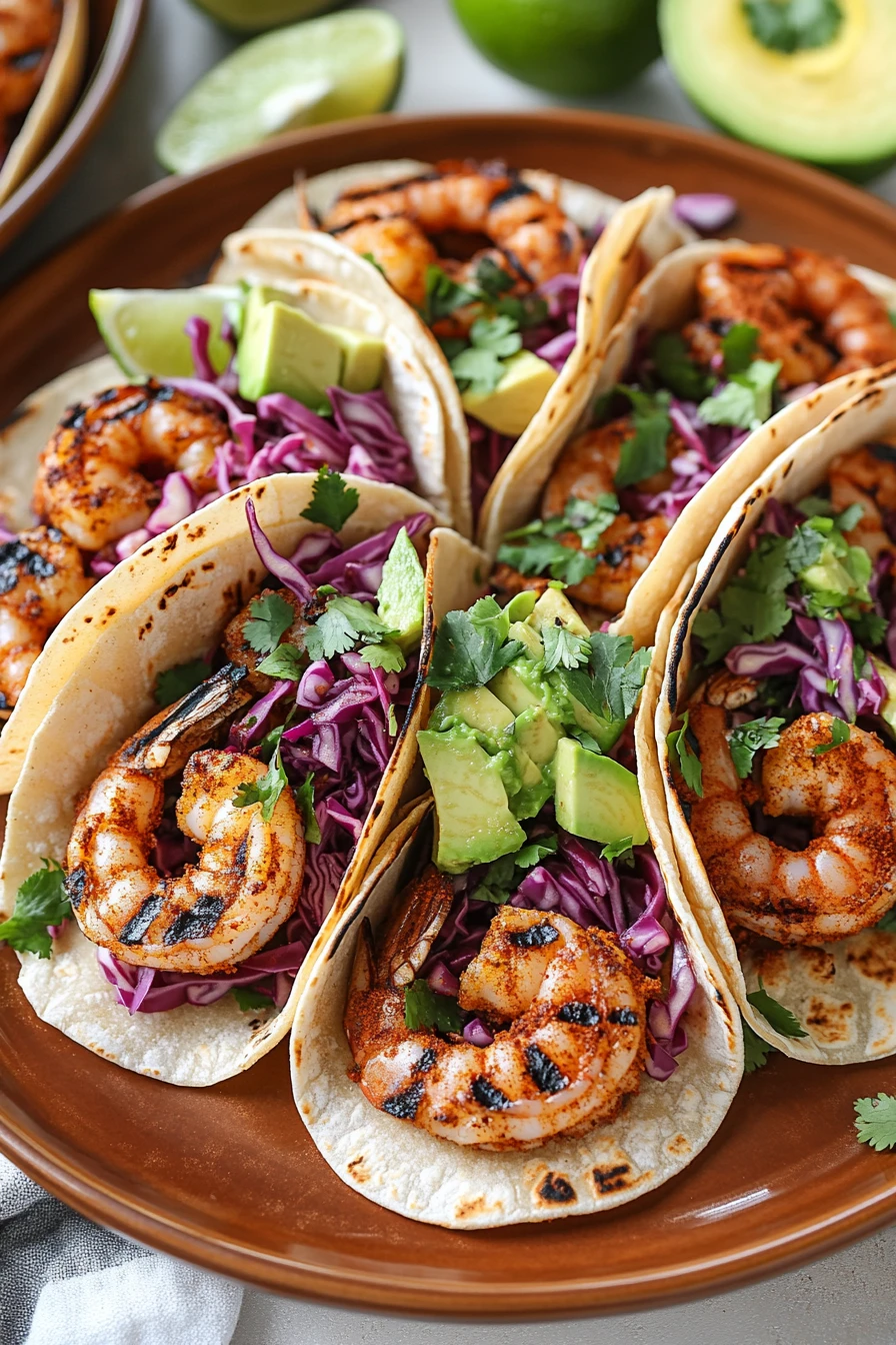 Close-up of sheet pan shrimp tacos with fresh toppings and lime wedges