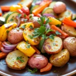 Close-up of roasted sheet pan vegetables and potatoes with herbs