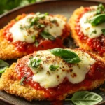 Close-up of skillet chicken parmesan with melted cheese and herbs in a skillet.
