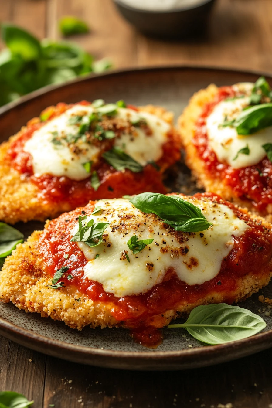 Close-up of skillet chicken parmesan with melted cheese and herbs in a skillet.