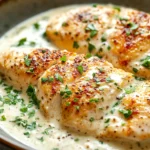 Close-up of skillet creamy chicken with a rich sauce and herbs