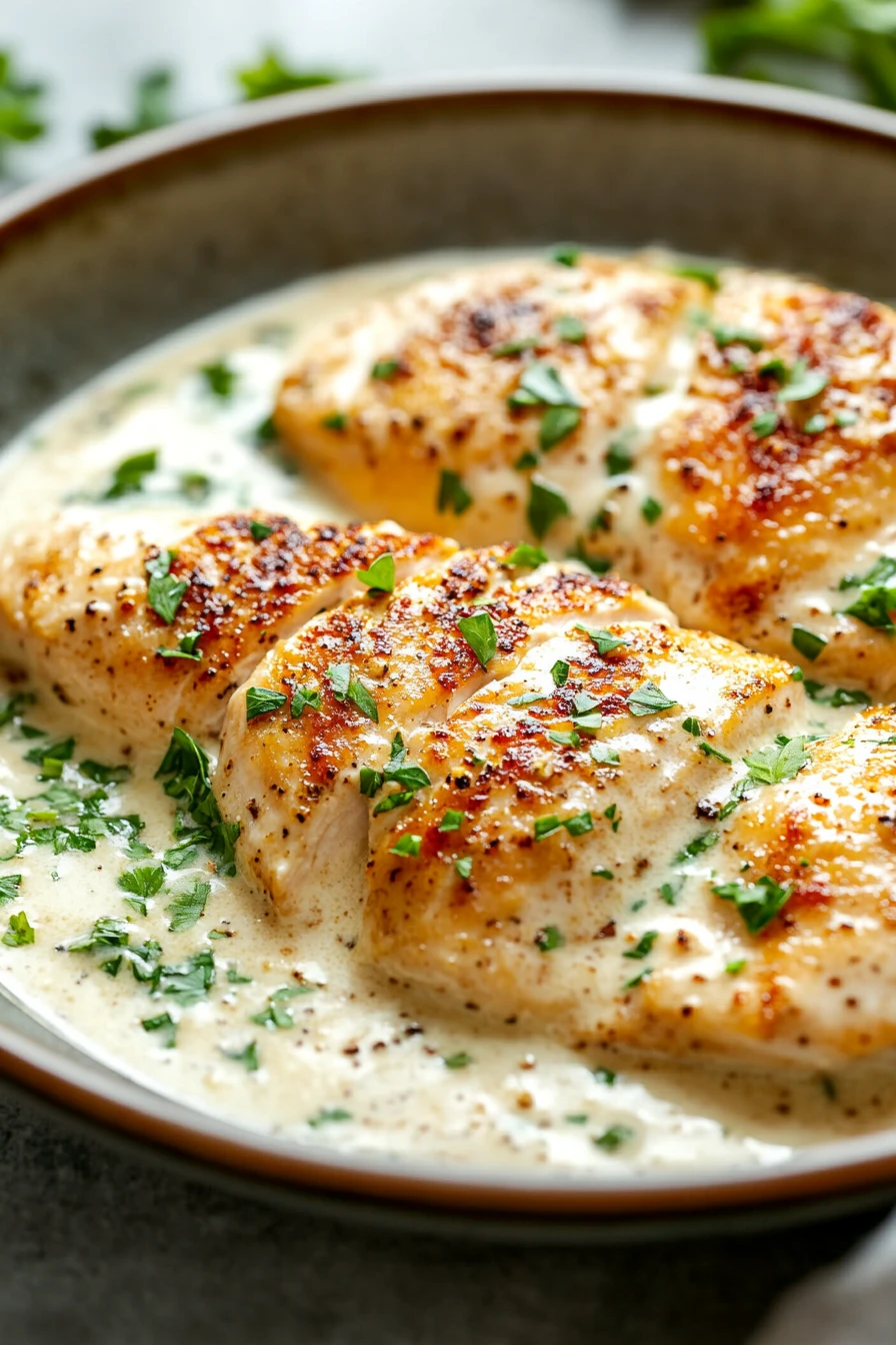 Close-up of skillet creamy chicken with a rich sauce and herbs