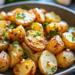 Close-up of skillet garlic butter potatoes with golden crispy edges in a black skillet.